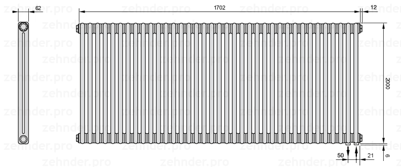 Схема (чертеж) Радиатор Zehnder Charleston 2200/37 №5510 Белый глянцевый RAL 9016
